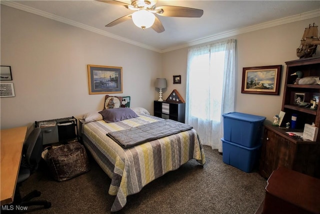 bedroom with carpet floors, ceiling fan, and ornamental molding