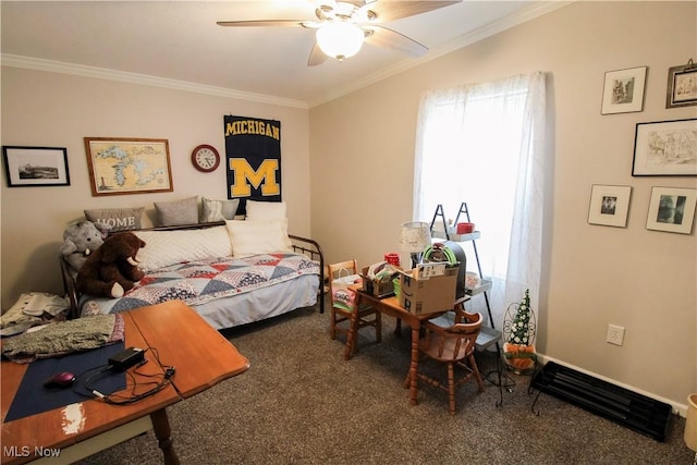 bedroom with multiple windows, ornamental molding, carpet flooring, and ceiling fan
