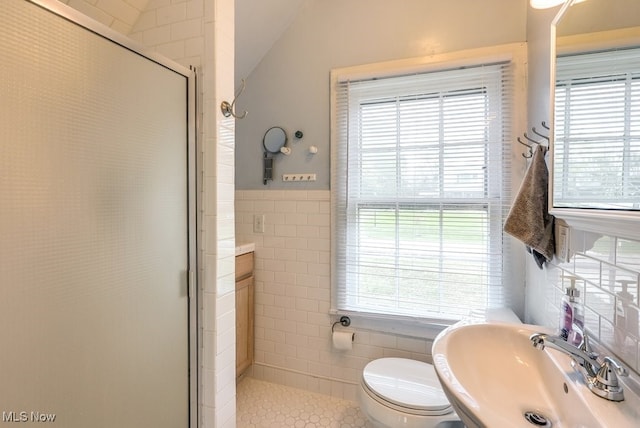 bathroom featuring lofted ceiling, toilet, tile walls, a shower stall, and a sink