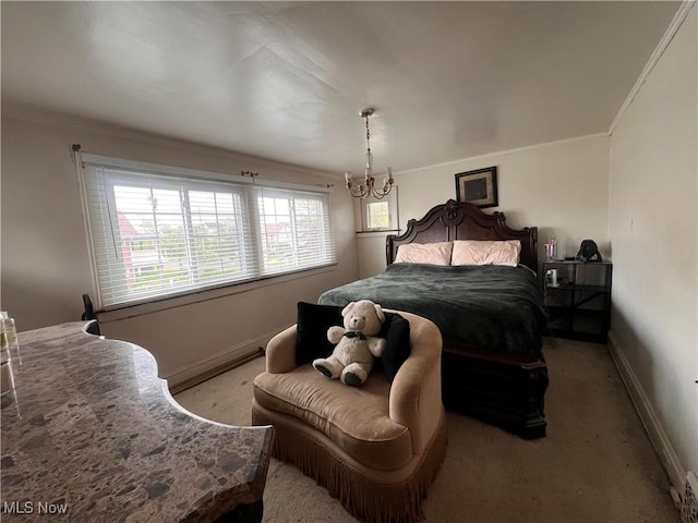 bedroom with crown molding, baseboards, a notable chandelier, and light colored carpet