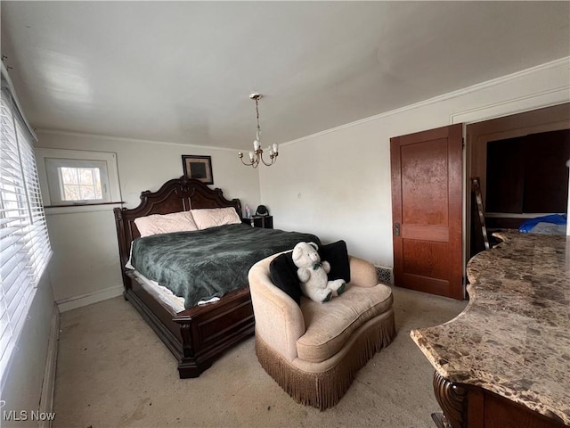 bedroom with baseboards, a chandelier, light carpet, and ornamental molding
