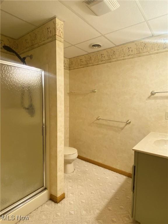 full bathroom with visible vents, a stall shower, toilet, and vanity