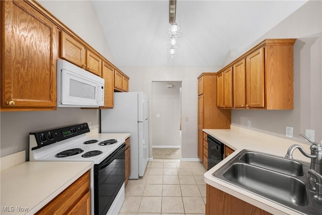kitchen with white microwave, a sink, dishwasher, range with electric cooktop, and vaulted ceiling