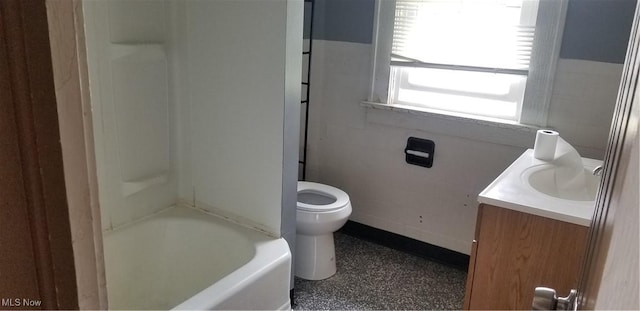 1267 E Pershing St, Salem, OH 44460 - full bath featuring vanity, toilet, walk in shower, speckled floor, and a bath