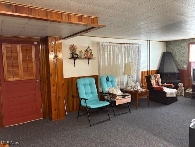 living area with wainscoting, carpet flooring, and wood walls
