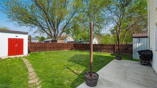 view of yard featuring a fenced backyard, a patio area, a storage shed, and an outbuilding