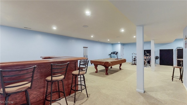 playroom featuring light colored carpet, recessed lighting, billiards, and a dry bar
