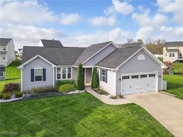 ranch-style home with a garage, a shingled roof, concrete driveway, and a front lawn