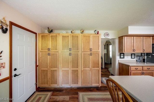 kitchen with dark wood-type flooring, arched walkways, a textured ceiling, and light countertops