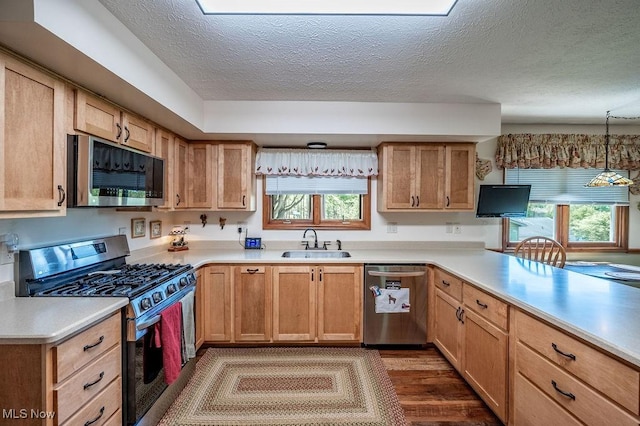 kitchen with a sink, a textured ceiling, a wealth of natural light, and stainless steel appliances