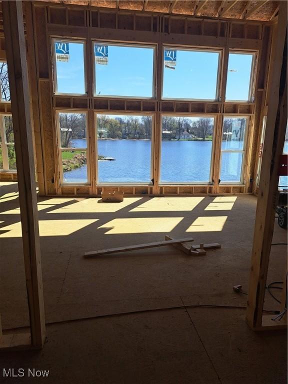 interior space featuring a water view