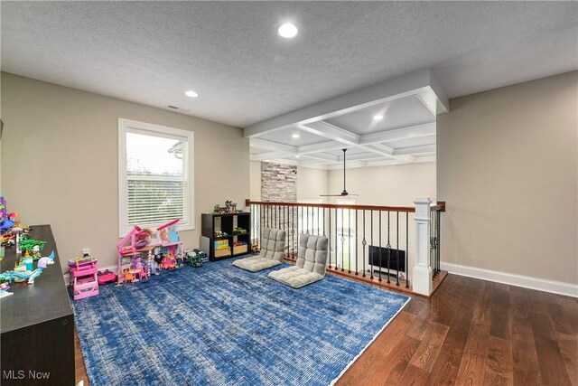 2716 Rocky Ridge Dr, Westlake, OH 44145 - playroom featuring wood finished floors, visible vents, recessed lighting, ceiling fan, and coffered ceiling
