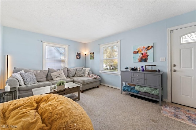 carpeted living room with a textured ceiling and baseboards