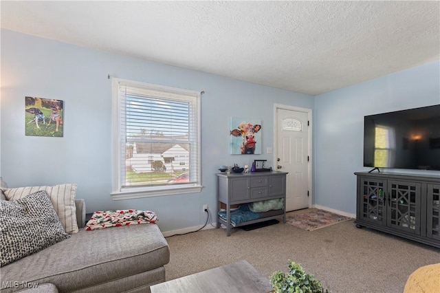 carpeted living room with baseboards and a textured ceiling