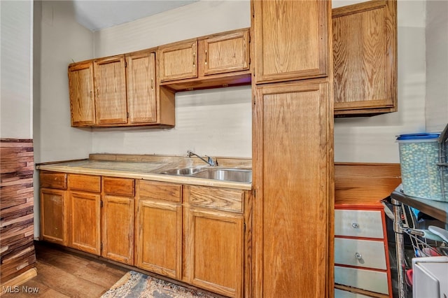 kitchen featuring light countertops, a sink, and wood finished floors