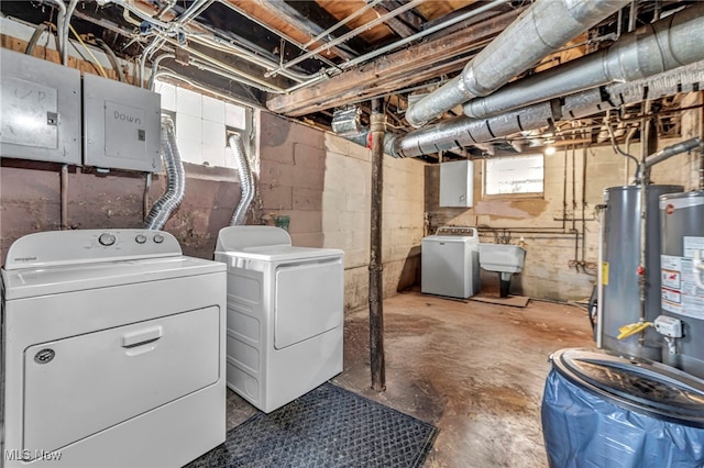 below grade area with separate washer and dryer, a sink, and electric panel