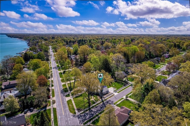 bird's eye view featuring a view of trees and a water view