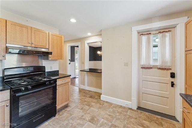 162 S Cedar St, Oberlin, OH 44074 - kitchen featuring black range with gas stovetop, under cabinet range hood, light brown cabinets, dark countertops, and recessed lighting