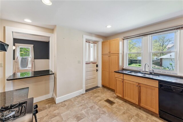 162 S Cedar St, Oberlin, OH 44074 - kitchen with black dishwasher, a sink, baseboards, range with gas cooktop, and recessed lighting