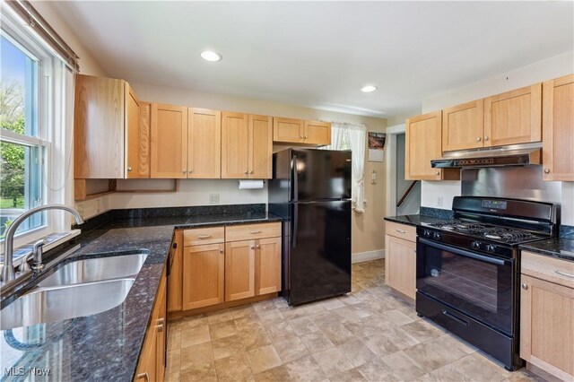 162 S Cedar St, Oberlin, OH 44074 - kitchen with black appliances, under cabinet range hood, light brown cabinets, and recessed lighting