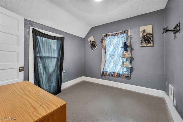 office featuring visible vents, carpet, a textured ceiling, and vaulted ceiling