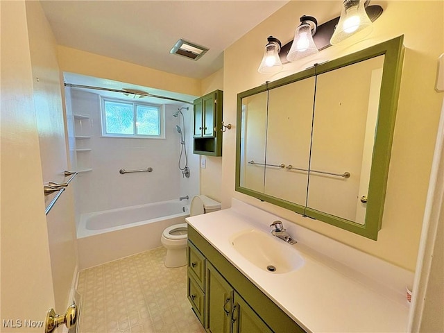 full bathroom featuring visible vents, vanity, tile patterned floors, toilet, and  shower combination