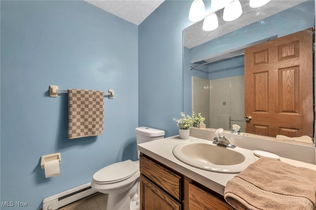 full bathroom featuring vanity, toilet, a shower, and a baseboard radiator