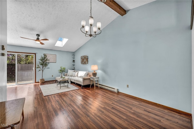 living room featuring wood finished floors, a textured ceiling, vaulted ceiling with skylight, a baseboard radiator, and ceiling fan with notable chandelier