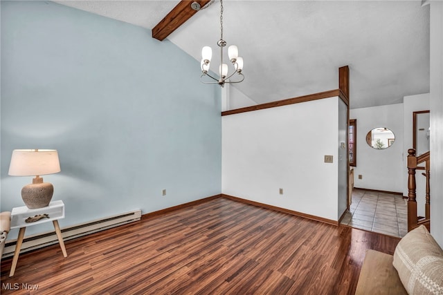 interior space with a notable chandelier, baseboards, vaulted ceiling with beams, wood finished floors, and a baseboard heating unit