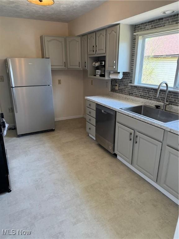 3607 Camden Ave, Parkersburg, WV 26101 - kitchen with baseboards, a sink, gray cabinets, and stainless steel appliances
