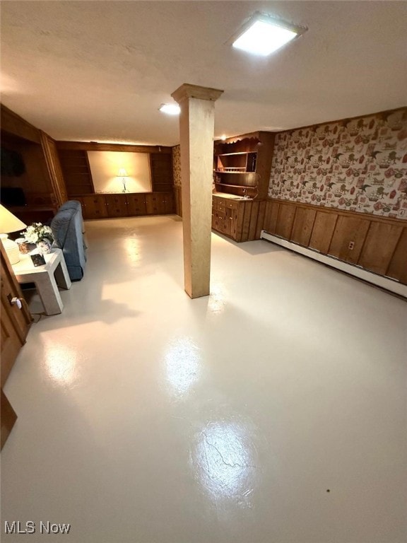 422 Glenwoods Ct, Boardman, OH 44512 - finished basement featuring wainscoting, a baseboard radiator, and wallpapered walls