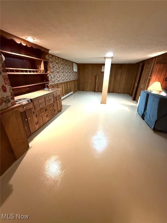 422 Glenwoods Ct, Boardman, OH 44512 - finished below grade area with a baseboard heating unit, wallpapered walls, and wooden walls