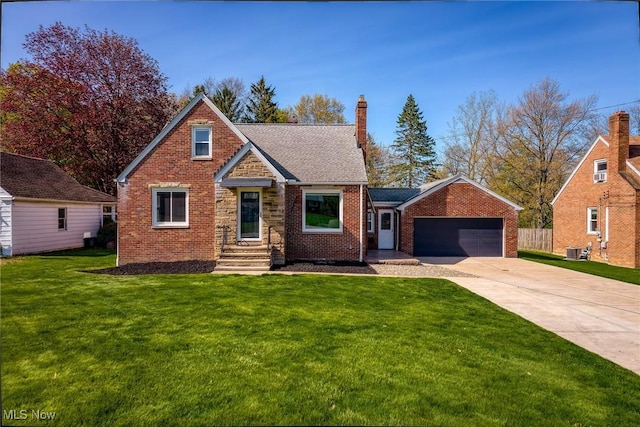 view of front of home with driveway, a garage, brick siding, central AC, and a front lawn