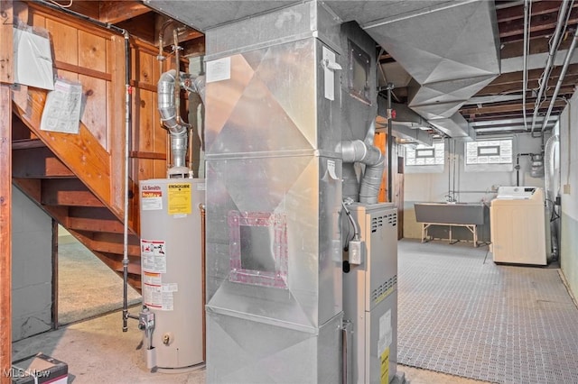 utility room featuring a sink, washer / dryer, and gas water heater