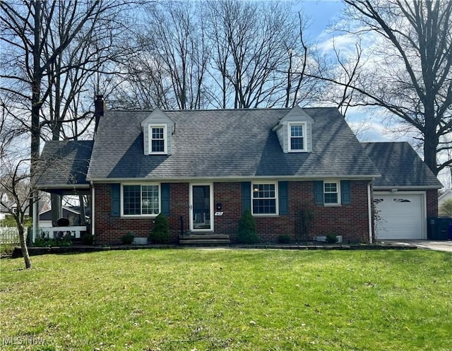 cape cod house featuring concrete driveway, brick siding, a front lawn, and a garage