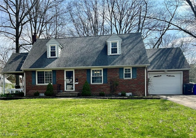 cape cod home with an attached garage, driveway, a front lawn, and brick siding