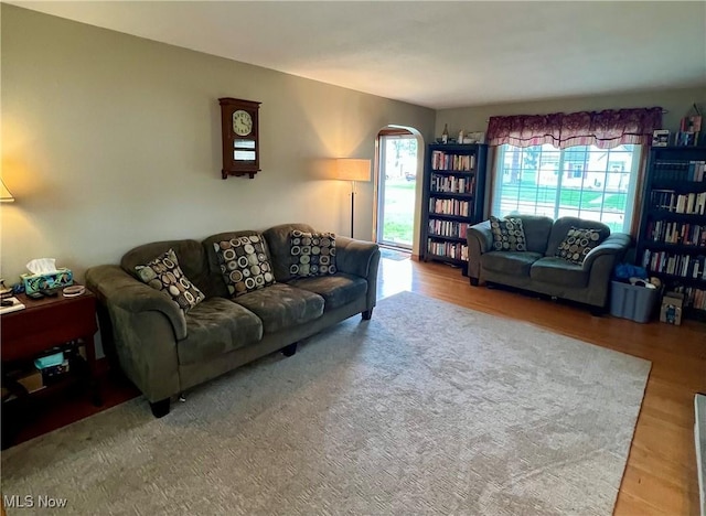 living room featuring arched walkways, plenty of natural light, and wood finished floors