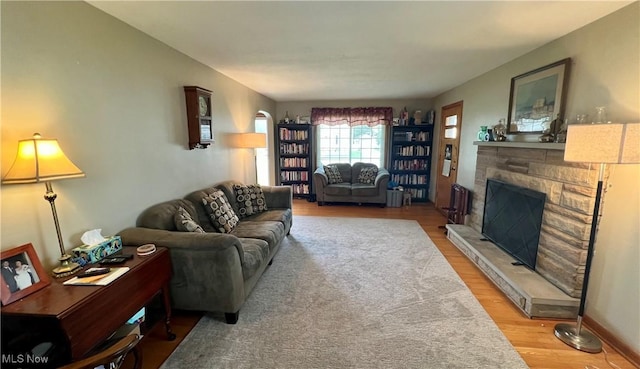 living room featuring wood finished floors and a fireplace