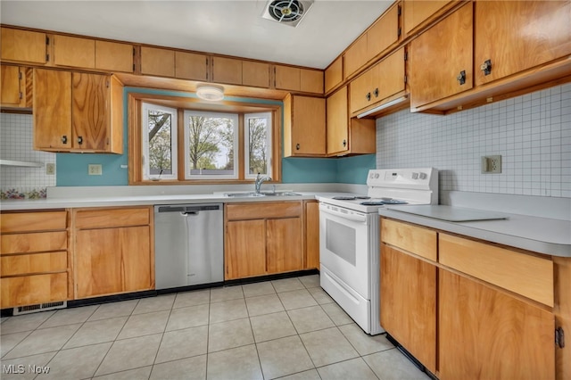 kitchen featuring tasteful backsplash, stainless steel dishwasher, a sink, light countertops, and white range with electric stovetop
