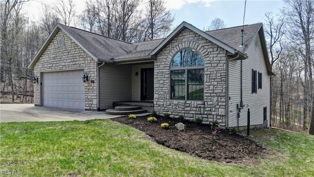 ranch-style home with an attached garage, roof with shingles, driveway, and stone siding