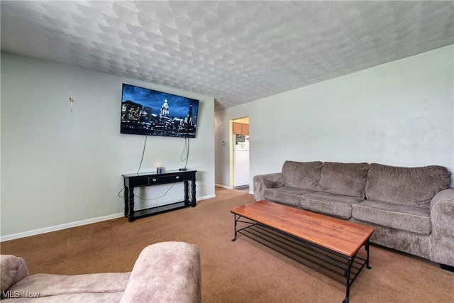 living area with baseboards and carpet