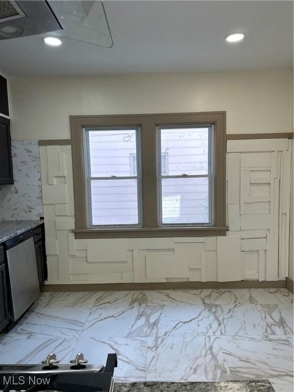unfurnished dining area with recessed lighting, marble finish floor, and a healthy amount of sunlight