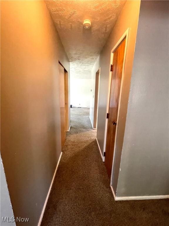 hall with baseboards, carpet, and a textured ceiling