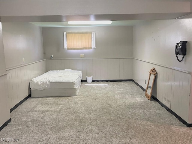 basement with carpet flooring and wainscoting