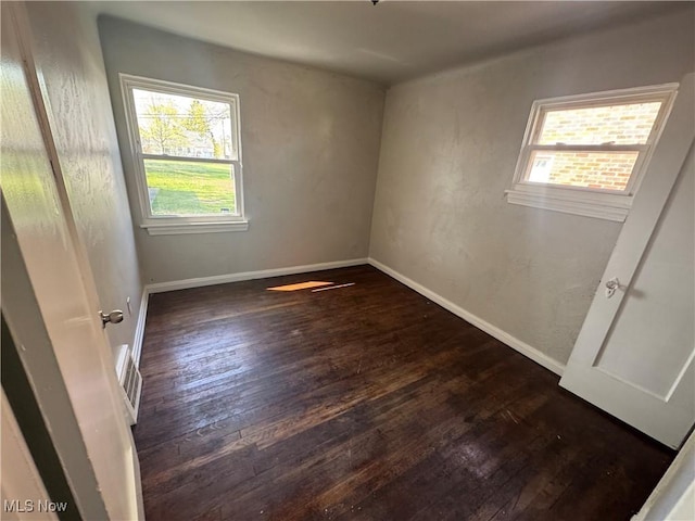 empty room featuring a healthy amount of sunlight, baseboards, and wood-type flooring