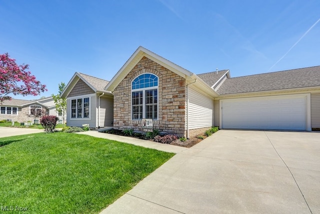 single story home with a shingled roof, concrete driveway, a front lawn, and stone siding