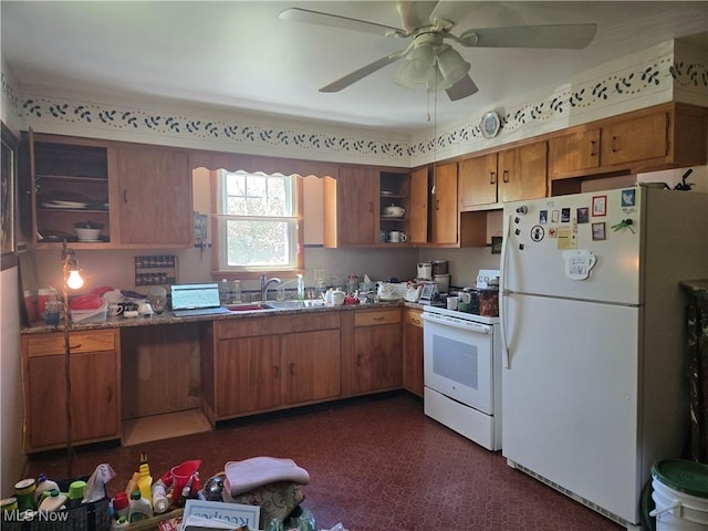 kitchen with open shelves, a sink, brown cabinets, and white appliances