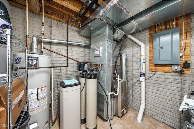 utility room featuring gas water heater and electric panel