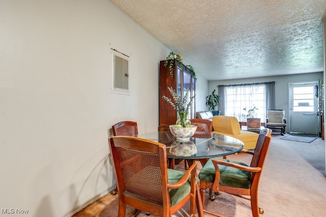 dining room with a textured ceiling, carpet, and electric panel
