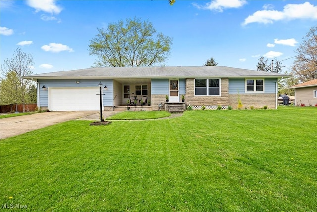 ranch-style house with a garage, fence, stone siding, a front yard, and driveway
